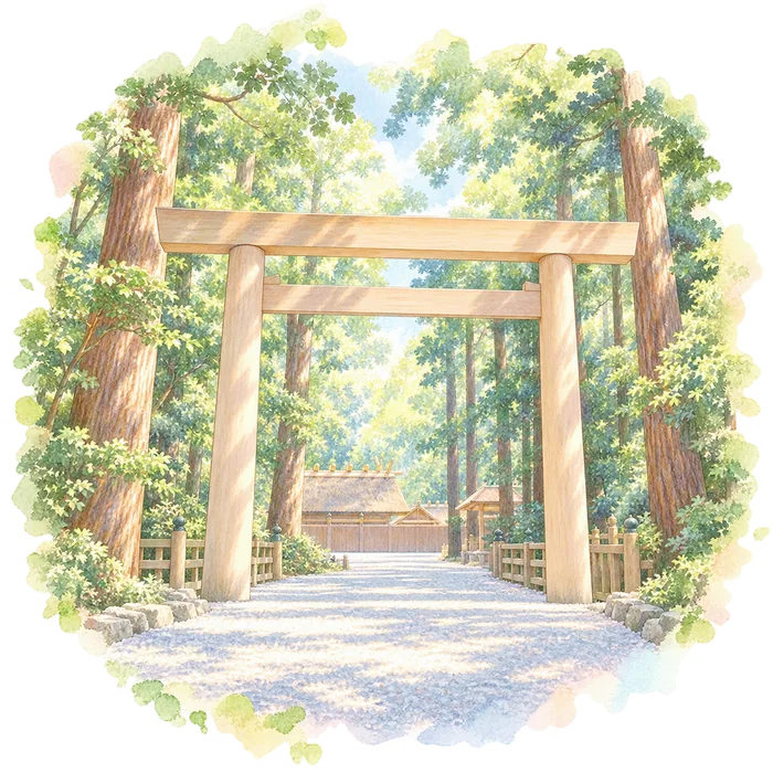 杉の木立と白木の鳥居、玉砂利の参道