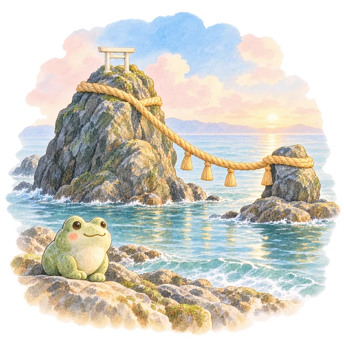 しめ縄で結ばれた夫婦岩とカエルの置物