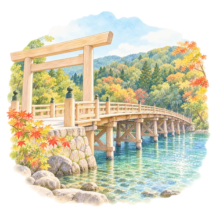 五十鈴川にかかる宇治橋と白木の鳥居