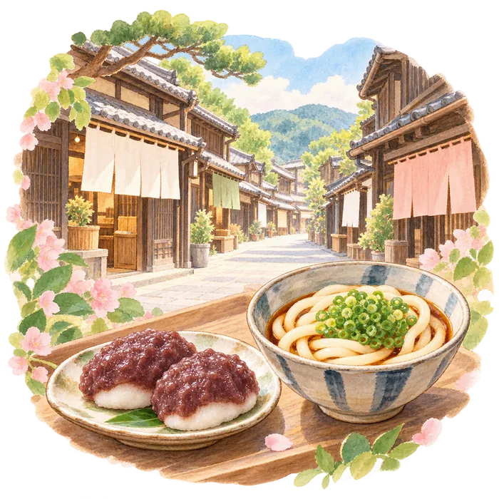 木造の町並みと、あんこのお餅、伊勢うどん