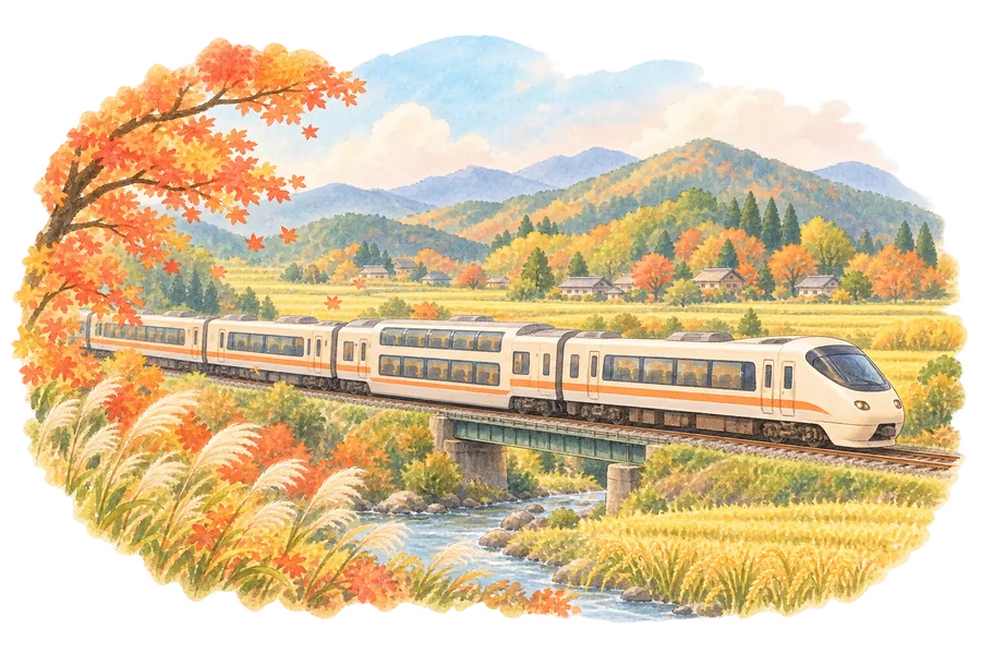 田園を走る2階建ての特急列車のイラスト